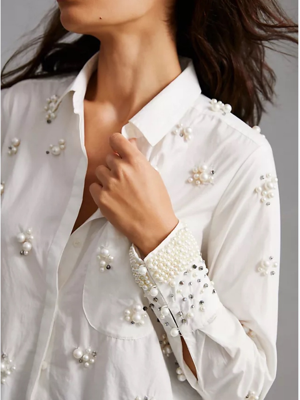 Anthropologie White Pearl-Embellished Button-Down Shirt
